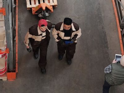 men walking through a warehouse